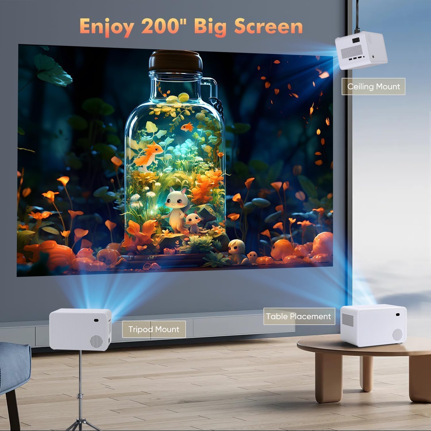Projector with WiFi and Bluetooth Native 1080P Full HD Projector 18000 Lumens Outdoor 200" Projection Screen Video Movie Proyector Compatible with Smartphone, HDMI,USB,AV,Fire Stick, PS5, White