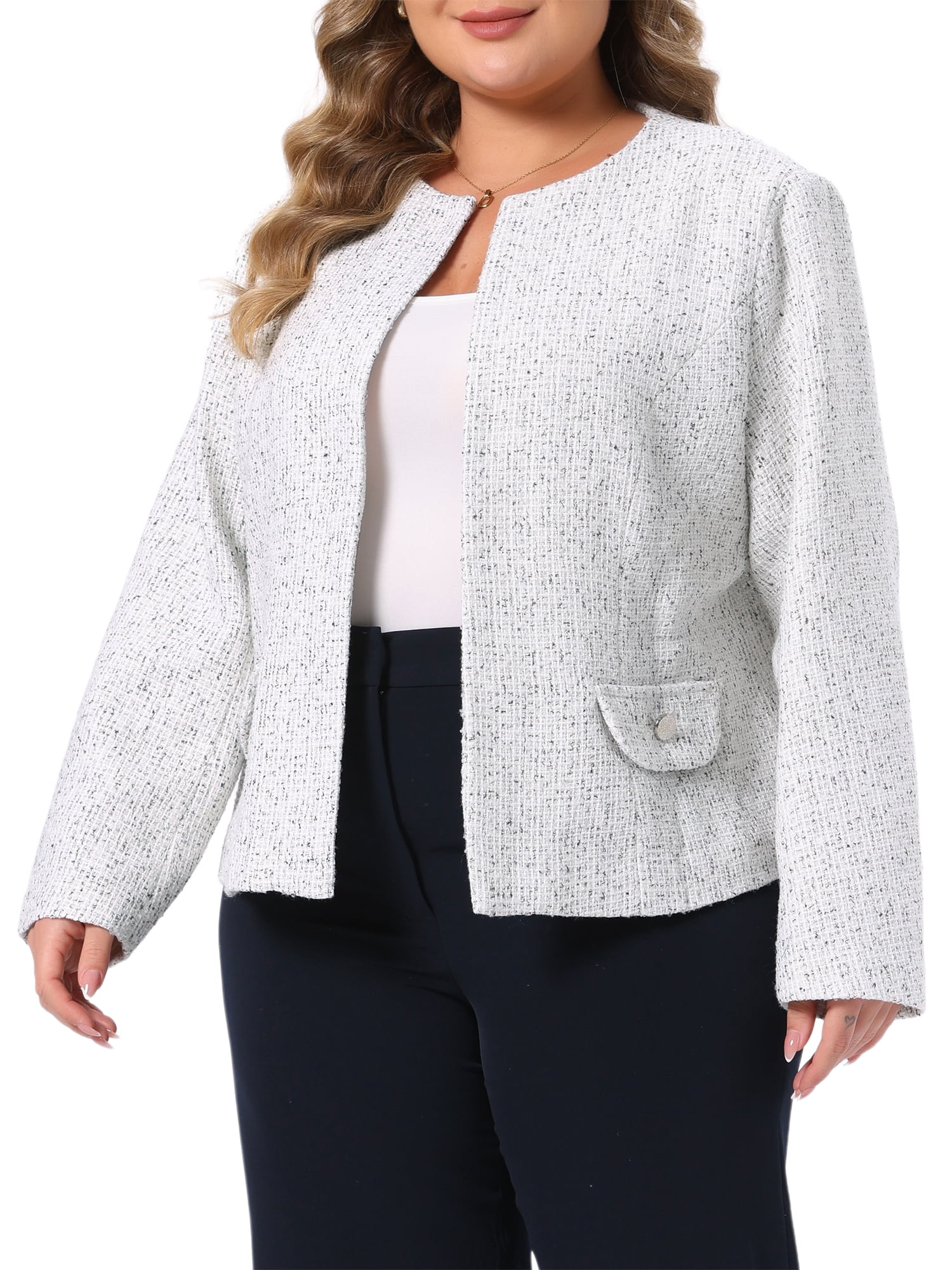 DARING DIVA Women's Plus Size Blazer Collarless Long Sleeve Open Front Jacket 1X Beige