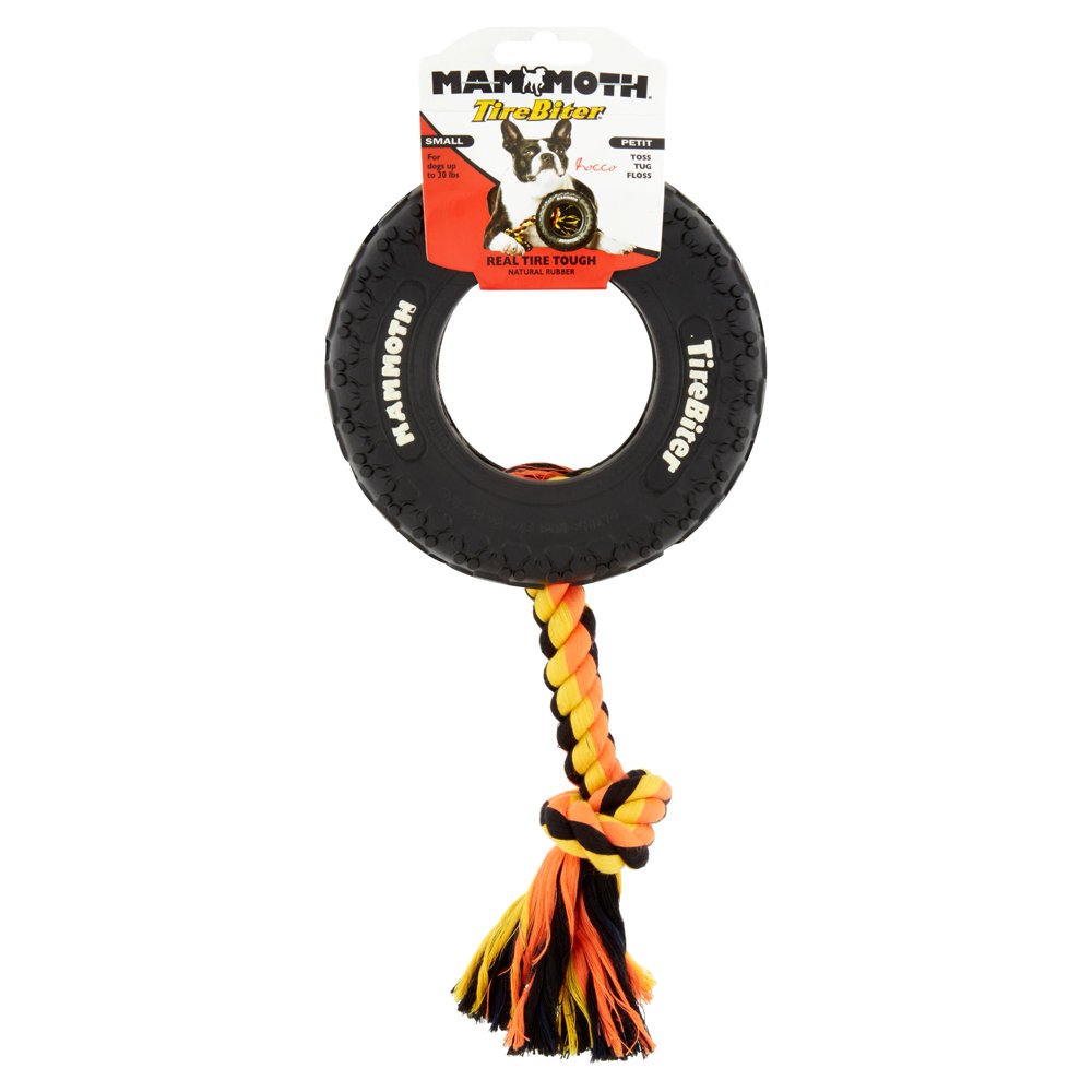 Mammoth TireBiter Rubber Tire Dog Toy with Rope, Small, 6'' Walmart