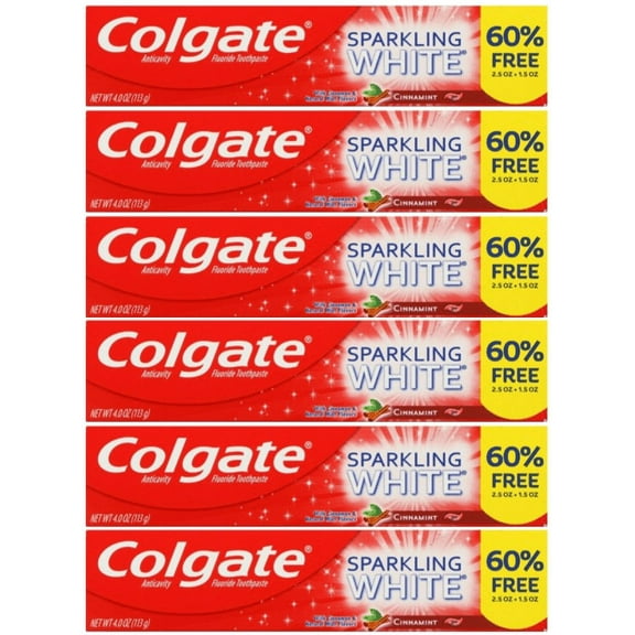 Colgate Sparkling White Fluoride Toothpaste, Gel, CinnaMint 4.0 oz (113g) (Pack of 6)