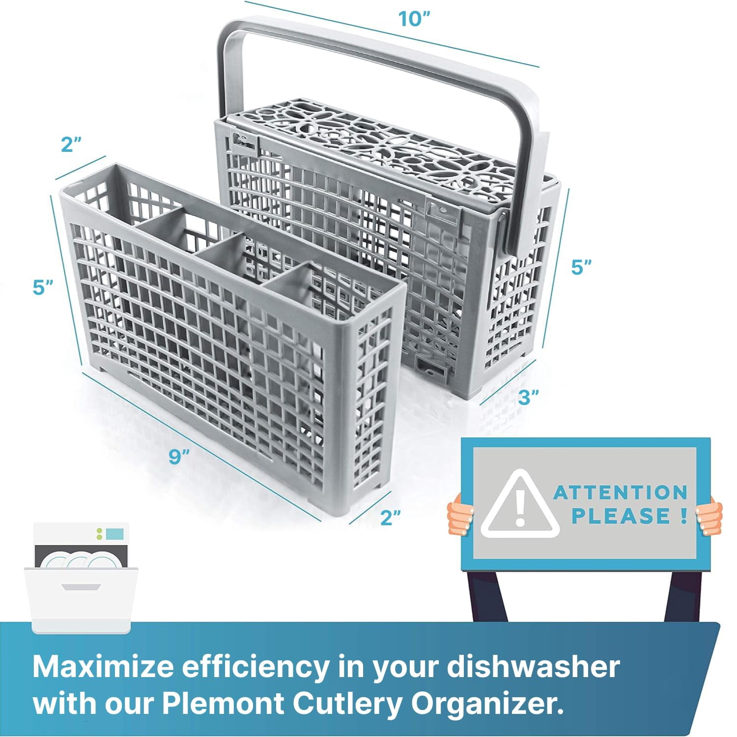 Plemont Original cutlery basket for the dishwasher | Dimensions 9x 3.5 & 2x 5.5in | Dishwasher basket with 2 in 1 solution | silverware basket for dishwasher with heat -resistant plastic