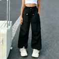 thumbnail image 3 of CPNG Girls Cargo Pants Solid Color Elastic High Waist Straight Wide Leg Baggy Cargo Sweatpants Lightweight Streetwear Casual Cargo Trousers, 3 of 6
