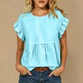 thumbnail image 2 of Drses Women's Puff Short Sleeve Babydoll Top, Round Neck Peplum Pleated Cotton T-Shirt, Loose Flowy Cute Blouse Hide Belly Casual Summer Cruise Wear, 2 of 9