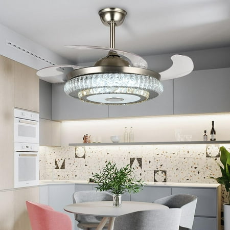 

AFANQI 42 Crystal Chandelier with Fan Invisible Ceiling Fan with Light Remote Control Modern 3 Color 6 Speed LED Fandelier for Living Room Bedroom Silver Metal