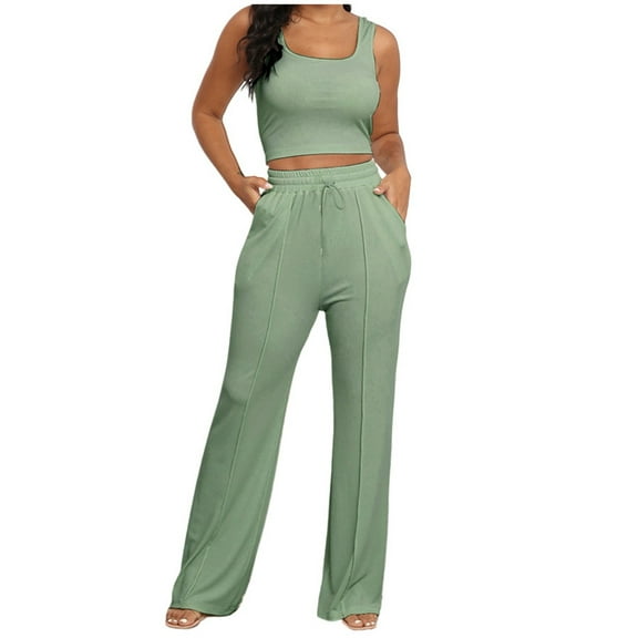 GEWSEY Women's 2 Piece Outfit Sleeveless Rib Knit Crop Tops and Wide Leg Pants Set (Green, S)