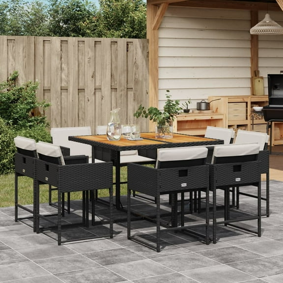 vidaXL 9 Piece Patio Dining Set with Cushions Black Poly Rattan