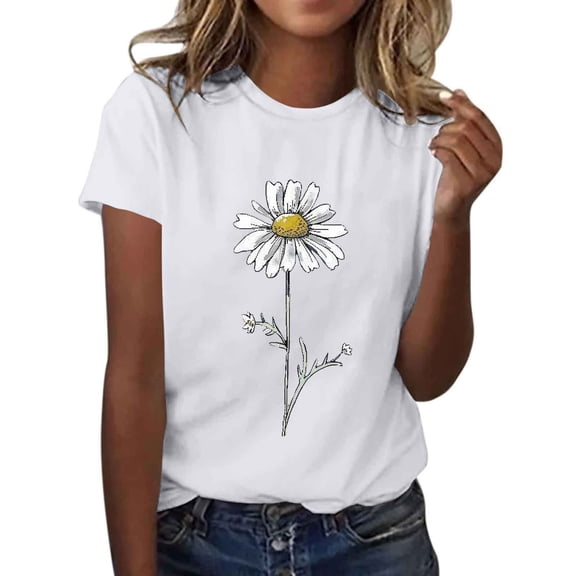 Sexlip Womens Short Sleeve Blouse Daisy With Branches Print Crew Neck Loose Sleeve Soft Fabric Relaxed Silhouette for Outdoor Relaxation White XXXL