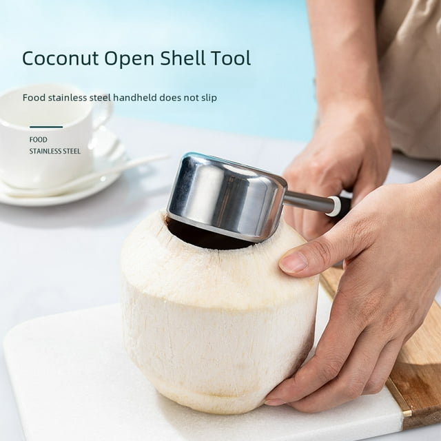 Stainless Steel Coconut Opener Tool Set - Efficient Coconut Water & Meat Extractor Kit with Small Opener, Wooden Handle Hammer, Coconut Meat Scraper, and Mini Opener - Durable, Corrosion-Resistant