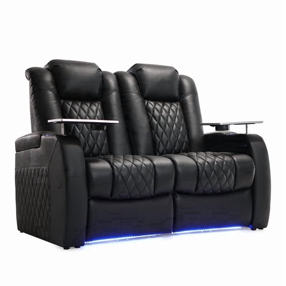Weilianda Luxury Series Home Theater Seating Top Grain Leather Recliner Chair Dual Power Movie Gaming Sofa Electric Headrest with Tray Table Type-C USB Charge Cup Holders Row of 2 Loveseat Black