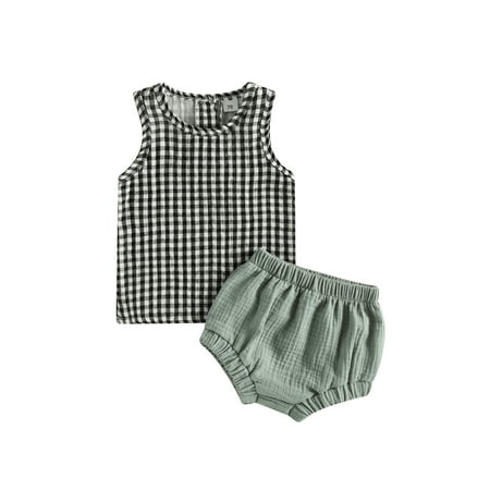 

Qtinghua Newborn Infant Baby Girls Summer Clothes Sleevelesss Vest Tops Plaids Print Shorts Outfits Green 12-18 Months