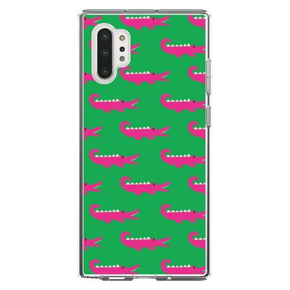 DistinctInk Clear Shockproof Hybrid Case for Galaxy Note 10 PLUS (6.8" Screen) - TPU Bumper, Acrylic Back, Tempered Glass Screen Protector - Green Pink Alligators - Cartoon Alligators