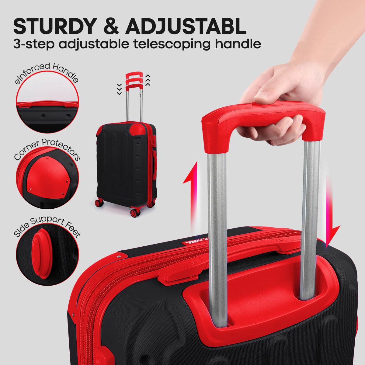 3 Piece Hardside Luggage Set, Expandable ABS Spinner Suitcases (20/24/28) – Lightweight & Scratch-Resistant Travel Luggage, Bkack/Red -EL2401