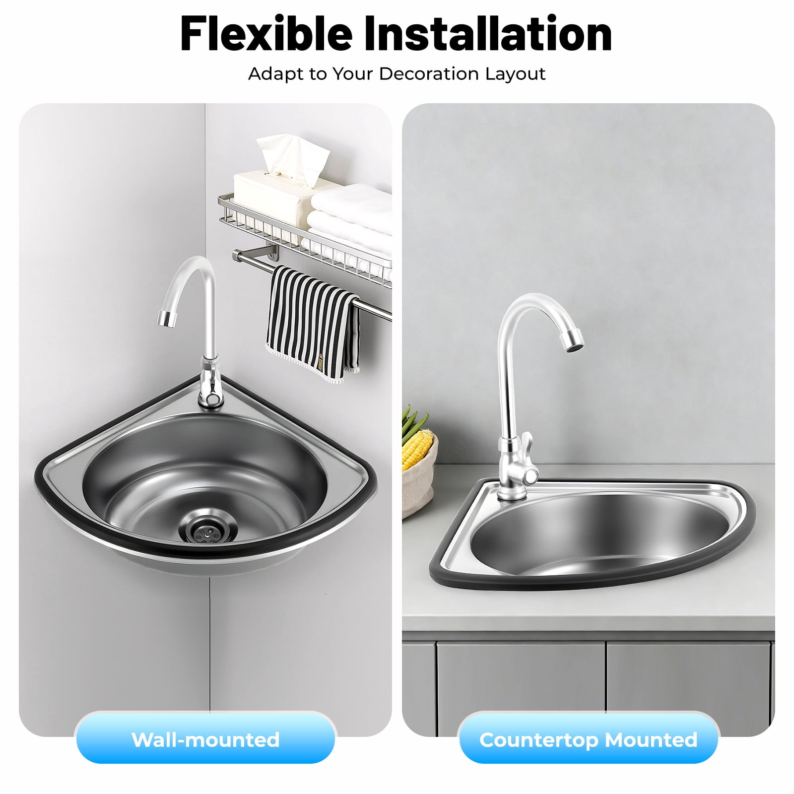 Stainless Steel Wall-Mounted Single Bowl Sink, Triangle Wash Basin Thick Small Sink Corner With Faucet And Drain Kit, For Kitchen Bathroom Lavatory Bar Laundry