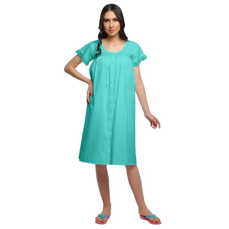

Moomaya Cotton Poplin Lace Border Sleepwear Women Solid Short Sleeve Nightdress