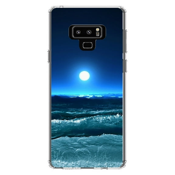 DistinctInk Clear Shockproof Hybrid Case for Samsung Galaxy Note 9 - TPU Bumper, Acrylic Back, Tempered Glass Screen Protector - Moonlit Ocean Waves