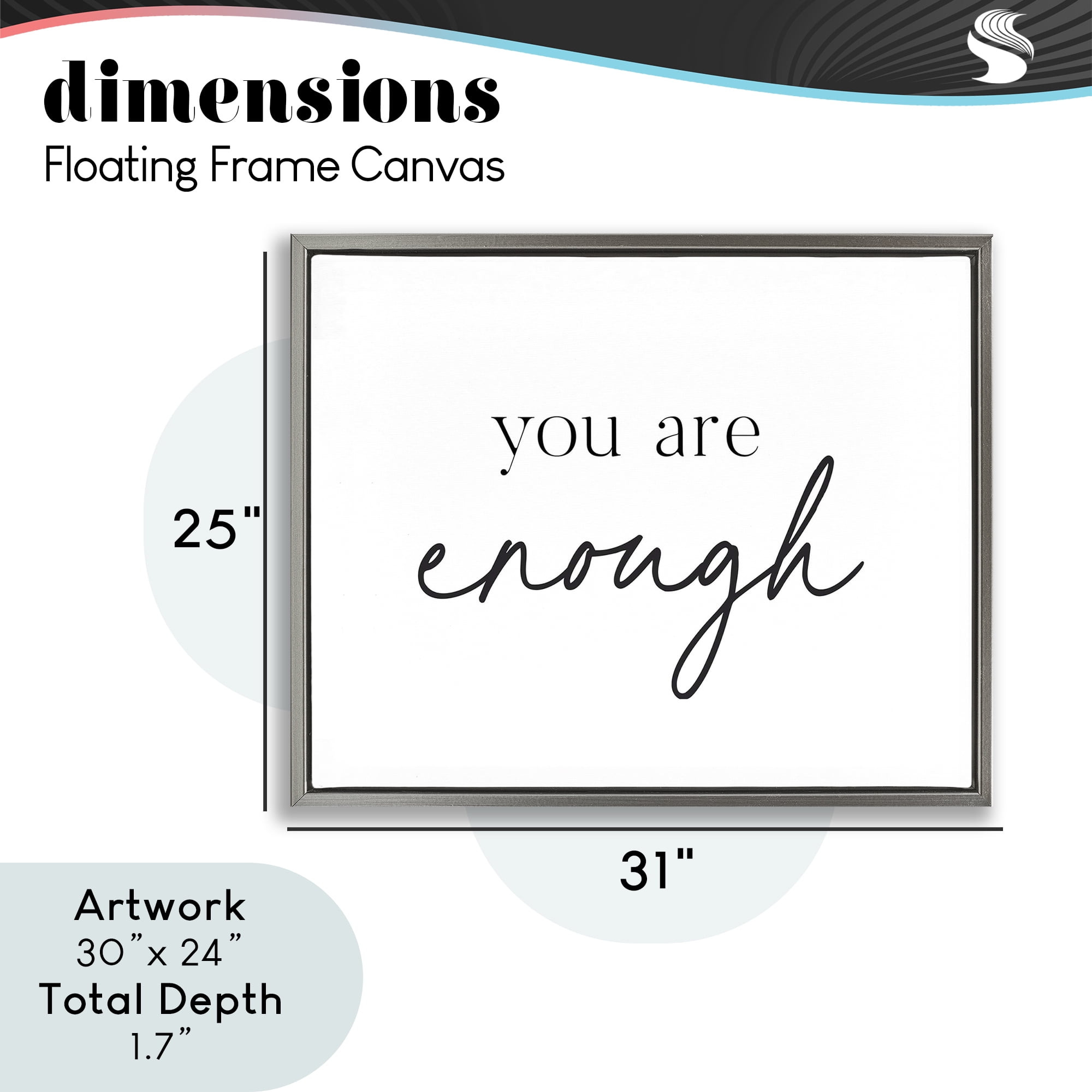 You Are Enough Sentiment Gray Framed Floater Canvas Wall Art, design by Lettered and Lined