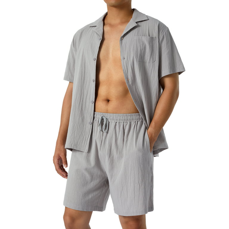 Liacowi Men Two-piece Shorts Set Short Sleeve Shirt and Baggy Shorts 