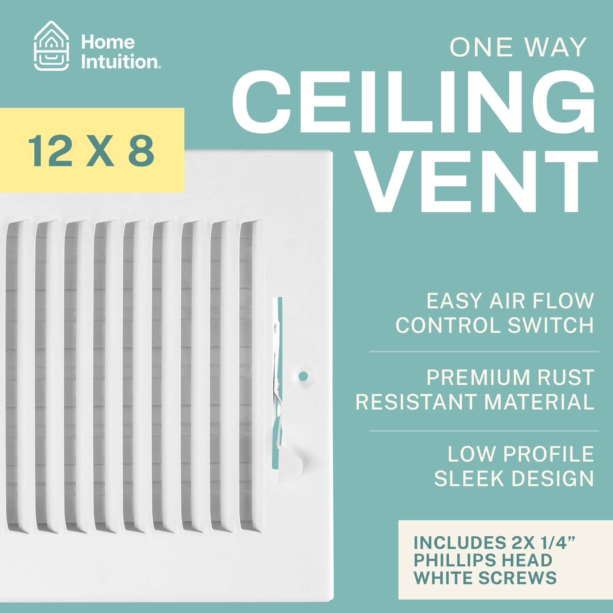 Home Intuition Ceiling Register - Air Vent Covers for Home Ceiling or Wall  - 12X8 Inch (Duct Opening) 1-Way White Grille Register Cover with  Adjustable Damper for HVAC Heat and Cold Air