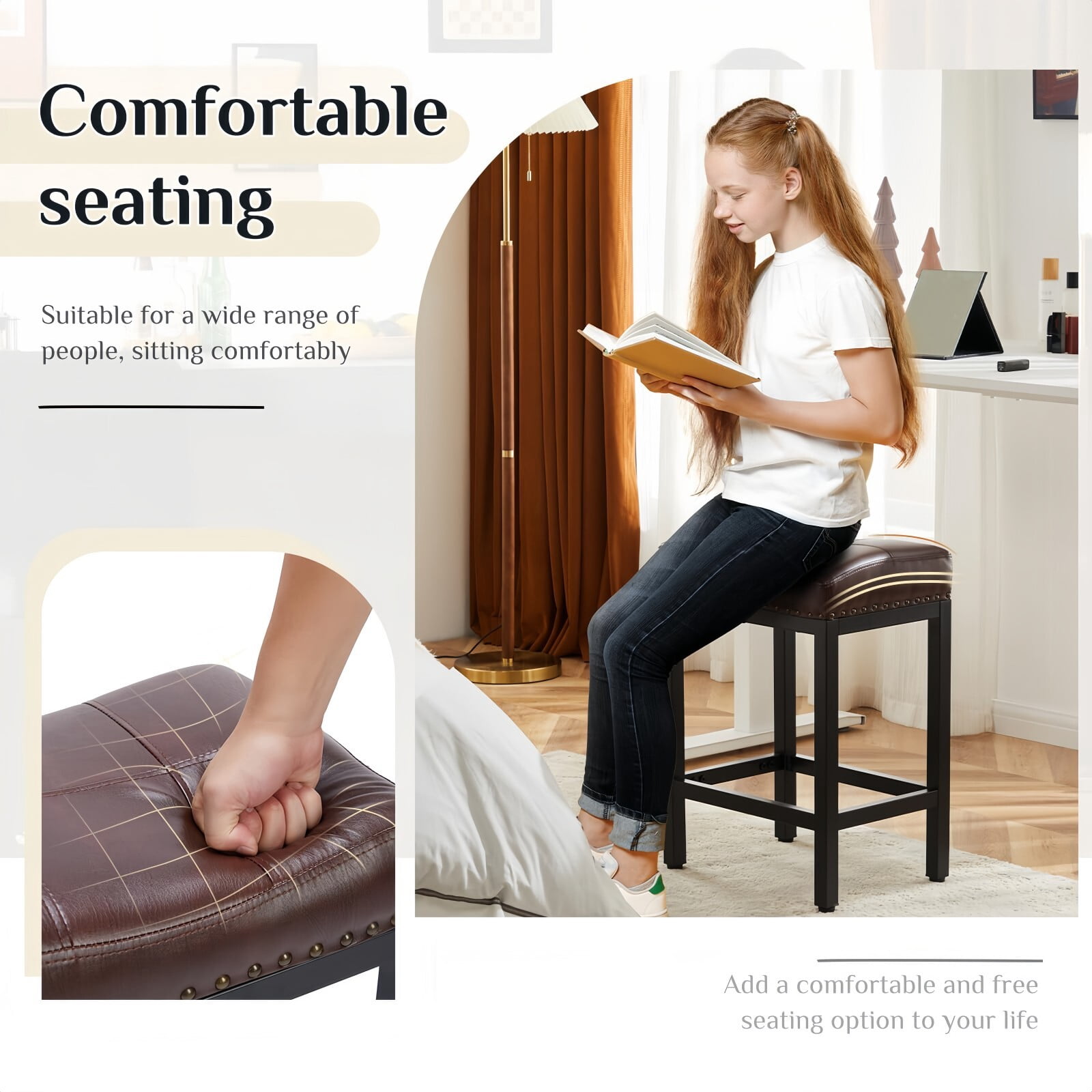 Kelno 24 Inch Saddle Bar Stool Set of 2 PU Leather Counter Stools with Steel Frame and Footrest, Brown