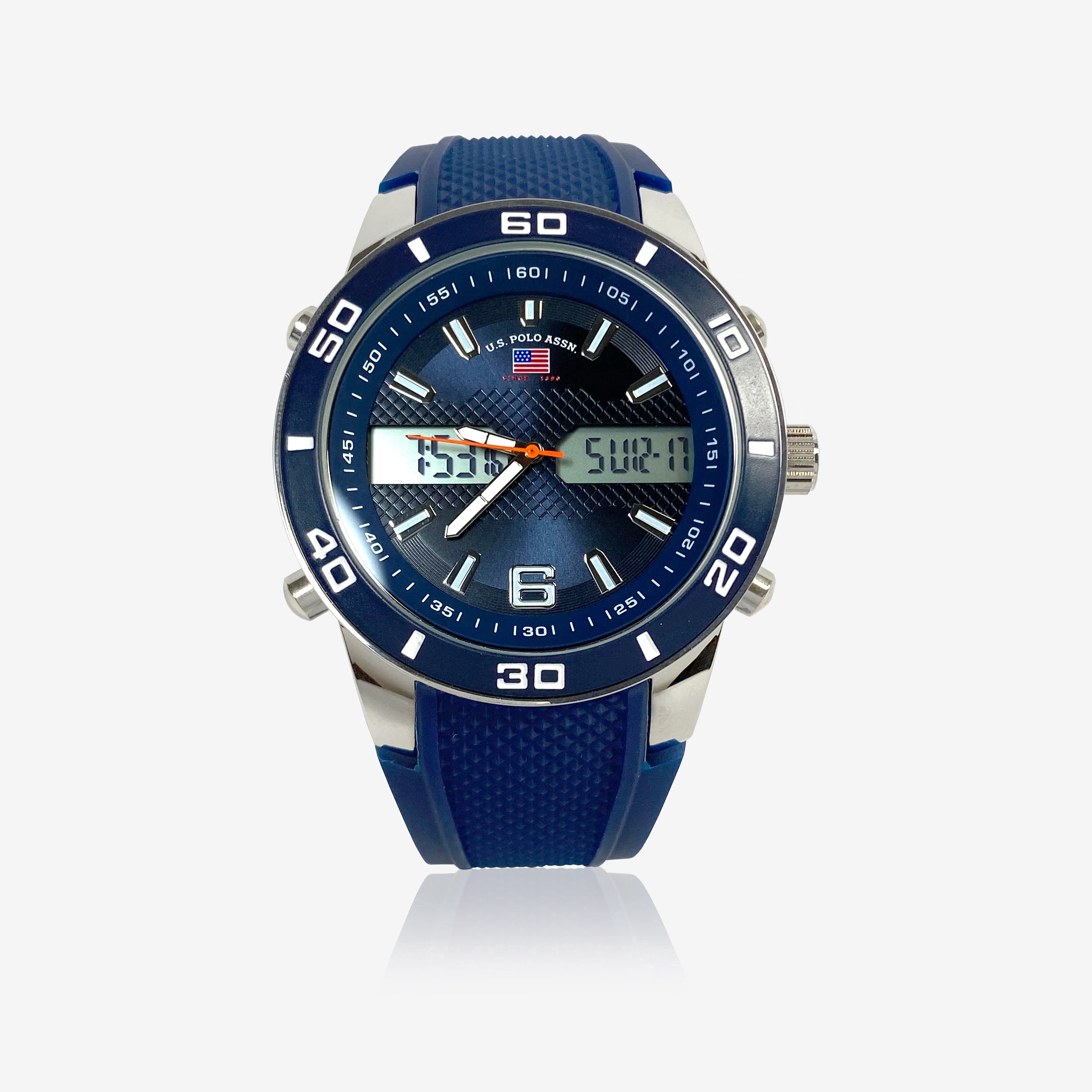 U.S. Polo ASSN. Men's Dual Display Round Silvetone Analog and Digital Watch with Blue Silicone Strap