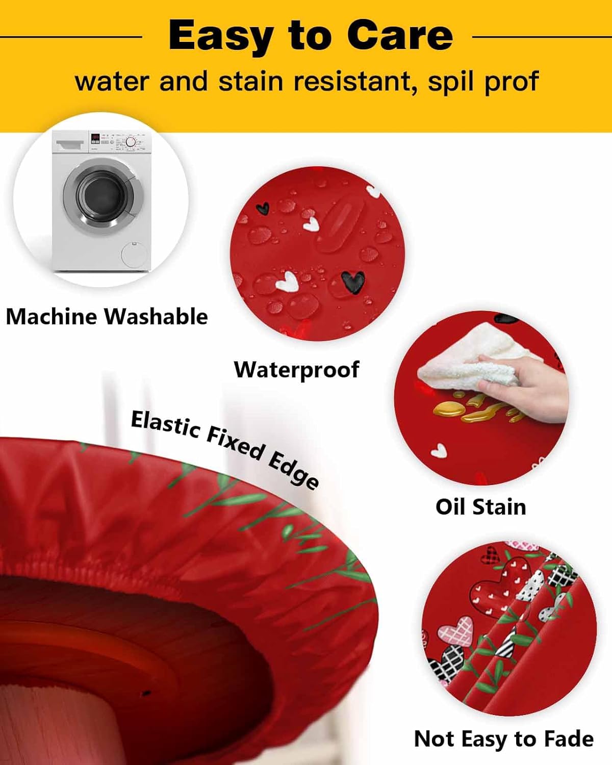 Valentine''s Day Round Fitted Tablecloth Elastic Edged Table Cover,Love Heart on Red Waterproof Wipeable Table Cloths for Kitchen Dining Party Fit up 45-52in Tables,Romantic Hearts Leaves