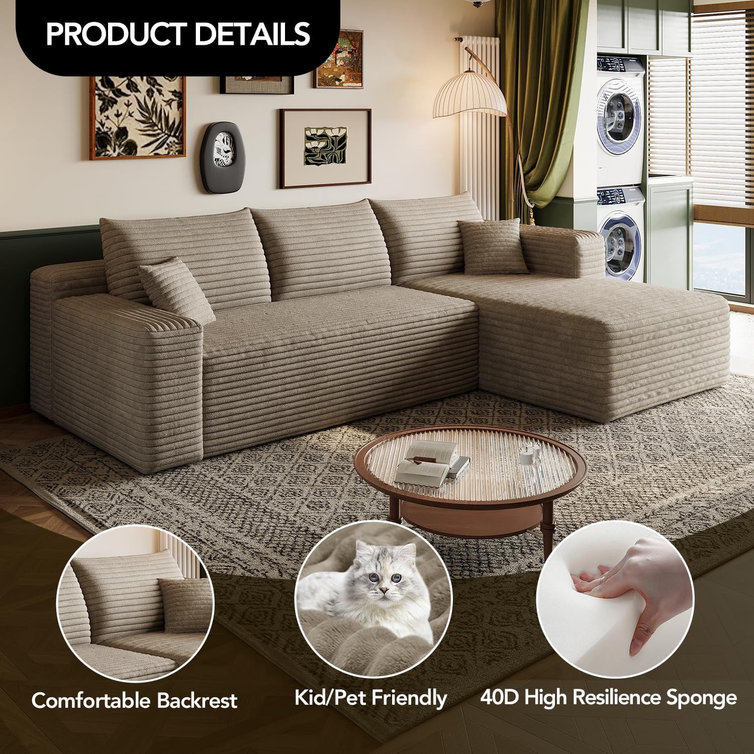 103" Cloud Sectional Sofa, Modern L Shaped Deep Seat Couch, Plush Corduroy Upholstered Sofa No Assembly, Living Room