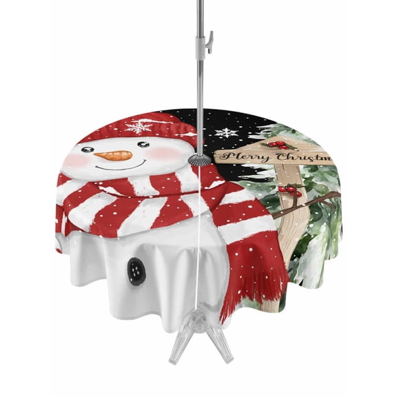 Outdoor Tablecloth with Umbrella Hole and Zipper, Black Christmas Round Table Cloth 60 Inch Waterproof Tablecloth, Winter Xmas Snowman Snowflakes Pine Tree Picnic Table Cover for Patio Camping