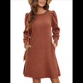 thumbnail image 1 of Vestido de Punto para Mujer con Mangas Abullonadas, Cuello Redondo, Informal, para Otoño e Invierno Rojo Ladrillo S, 1 of 6