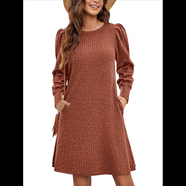 Vestido de Punto para Mujer con Mangas Abullonadas, Cuello Redondo, Informal, para Otoño e Invierno Rojo Ladrillo S