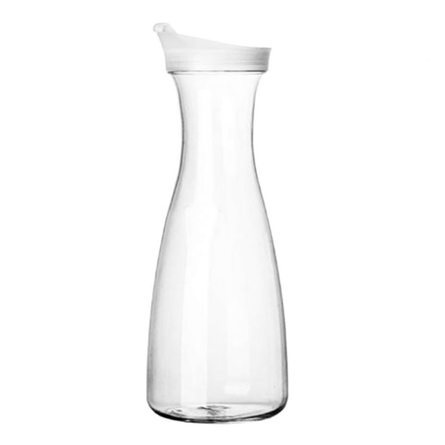 yulier Water Carafe with Flip Top Lid, Round Base Juice Containers, 1 Liter Clear Plastic Pitcher for Water, Lemonade, Iced Tea, Juice, Beverage, Cold Brew
