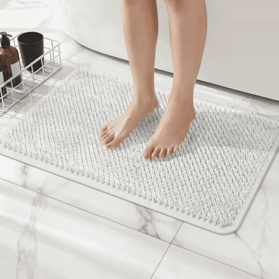 Yolife Non-Slip Grass Bath Mat with Strong Suction Cups, 27.5" x 15.7" Quick-Drain Shower Floor Mat for Foot Scrubbing & Massage, White