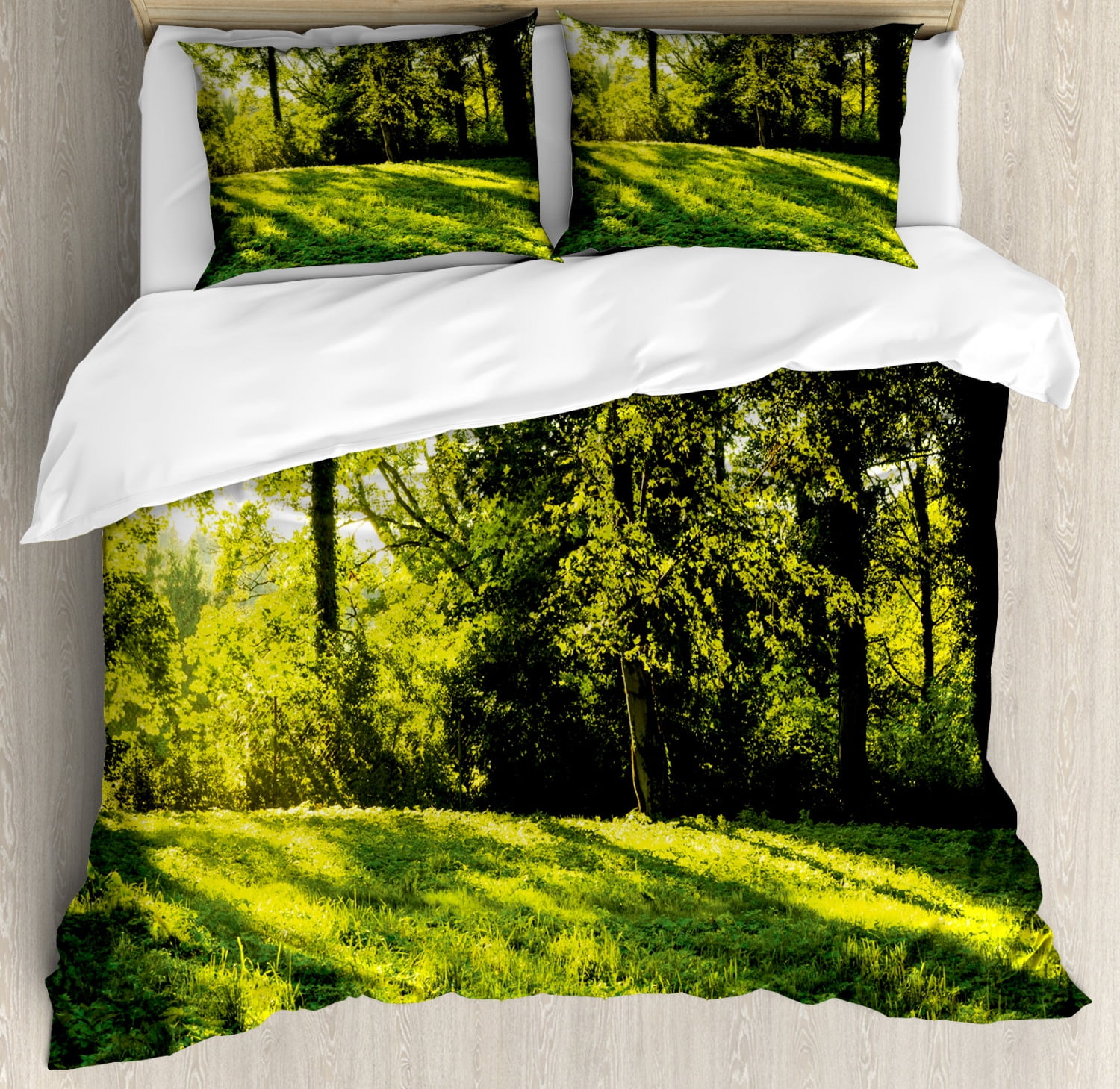 Green Duvet Cover Set Forest Landscape At Sunrise Beams Trees Grass Field Rural Scenery Nature Peaceful Photo Decorative Bedding Set With Pillow Shams Green By Ambesonne Walmart Com Walmart Com
