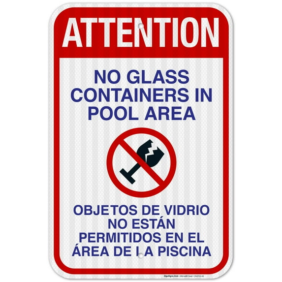 Attention No Glass Containers In Pool Area Sign, Pool Sign,