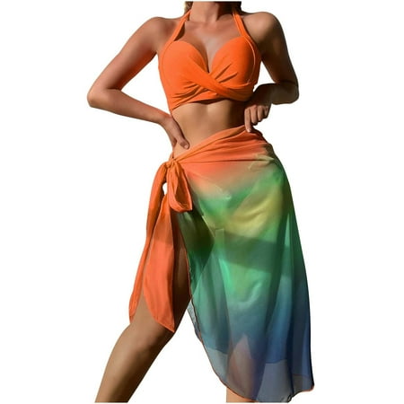 Summer Savings Clearance! Edvintorg 3Pcs Bathing Suit Women Fashion Matching Multi-Color Printed Swimsuits Bikini Set Tight Fitting Gathering Swimsuit With Cover Up