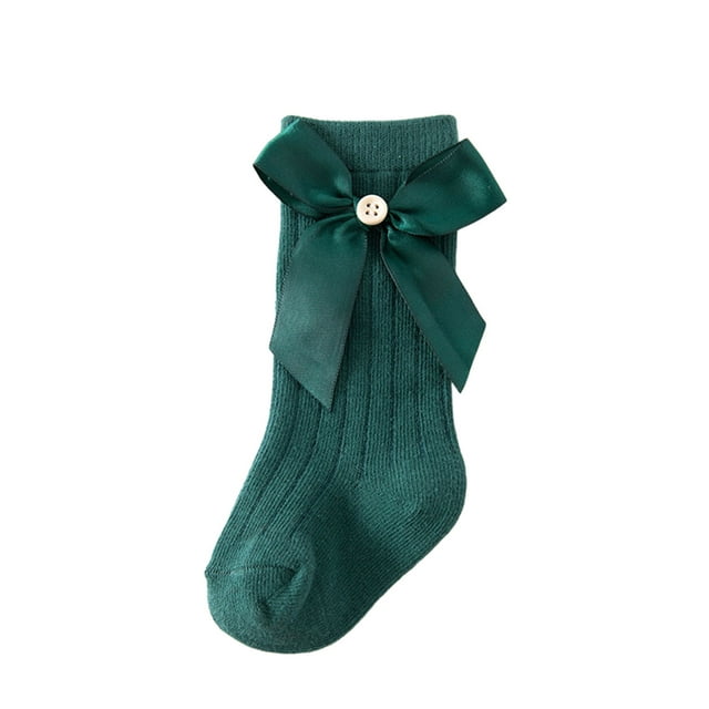 Faithtur Girl Ribbed Socks Pair, Toddler Elastic Cuff Solid Color Bow Decor Middle Length Baby Stockings