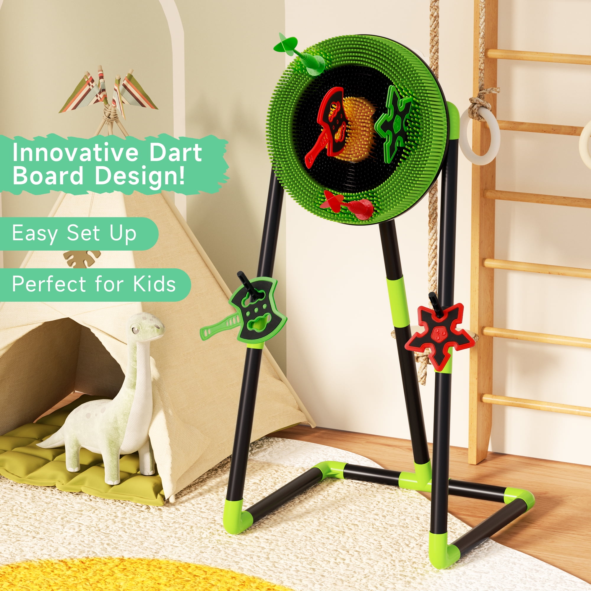 3 in 1 Throwing Game Toy Set - Dart & Axe Throwing Game with Bristle Target Dartboard - Lightweight Stand - Indoor & Outdoor Game for Kids Boy Girl