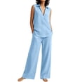thumbnail image 4 of Cagogo Women's 2 Piece V Neck Sleeveless Shirt Wide Leg Pants Set Casual Solid Boho Vacation Outfits Loose Two Piece Lounge Matching Sets Tracksuits Travel Resort Wear Clothes, Sky Blue 2XL, 4 of 9