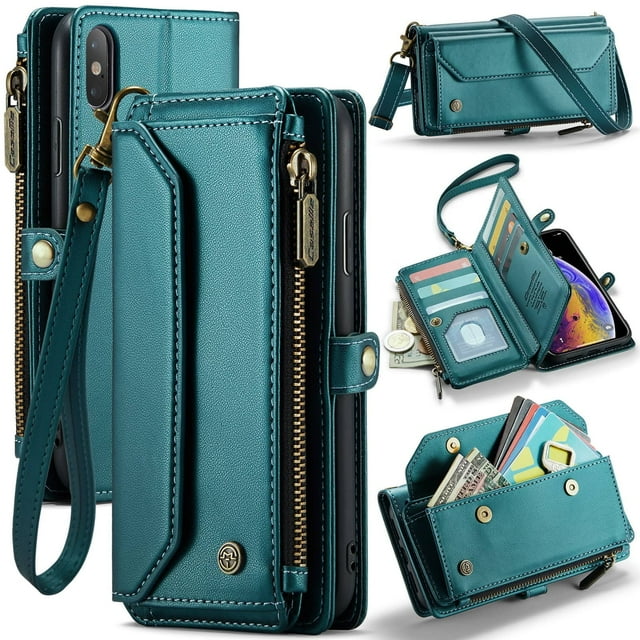 Funda tipo cartera para iPhone XS Max con bloqueo RFID, tarjetero, cremallera y ranura para billetes, correa de hombro magnética de piel sintética suave para mujer