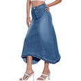 thumbnail image 5 of High Waist Blue Washed Women A Line Irregular Hem Long Denim Skirt, 5 of 8