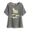 thumbnail image 5 of lcziwo Women's Short Sleeve Cotton Linen Crew Neck T-Shirts Fashion Butterfly Print Shirts Casual Loose Fit Blouse Summer Lightweight Beach Tops Ofertas Relampago de Hoy Gray S, 5 of 8
