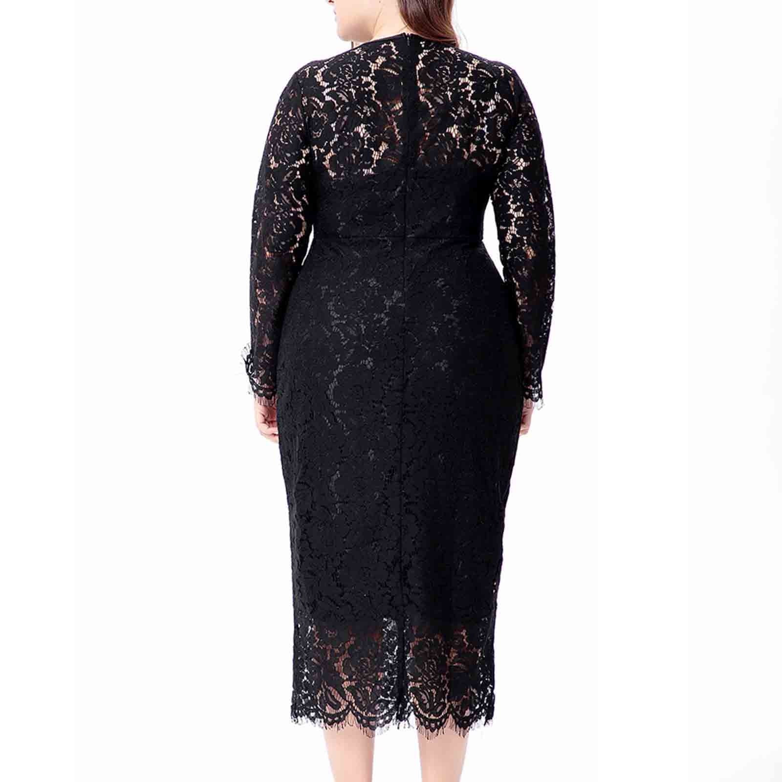 SCSAlgin Evening Dress for Women Lace Long Sleeve Plus Size Dress Solid Color Slim Fit Hollow Out Midi Dresses
