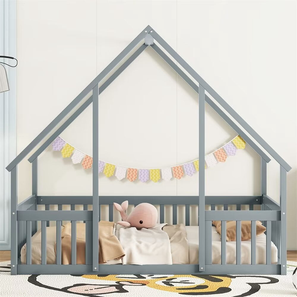 Full Size Floor Bed for Kids Toddlers, Wooden Montessori Bed Frame with Roof and Fence Guardrails, Playhouse Bed Tent Bed for Boys Girls Bedroom, Easy Assembly, Grey