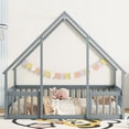 thumbnail image 2 of Full Size Floor Bed for Kids Toddlers, Wooden Montessori Bed Frame with Roof and Fence Guardrails, Playhouse Bed Tent Bed for Boys Girls Bedroom, Easy Assembly, Grey, 2 of 7