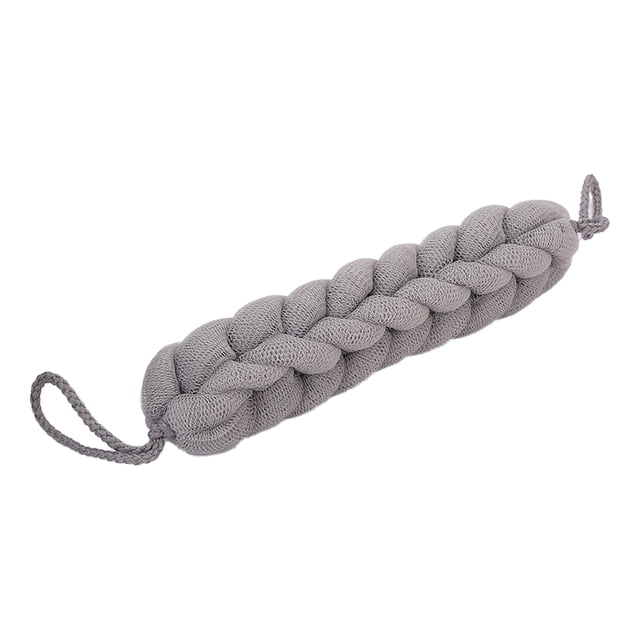 esponja de baño para la espalda, elástica, de polietileno, exfoliante, para el baño. Estropajo de hombro trenzado gris de 30 cm con asas de cuerda, vista 3/4 horizontal; malla de PE acolchada que crea espuma con gel o jabón y permite frotar la espalda y los hombros en la ducha; también suele usarse para masajear zonas difíciles.
