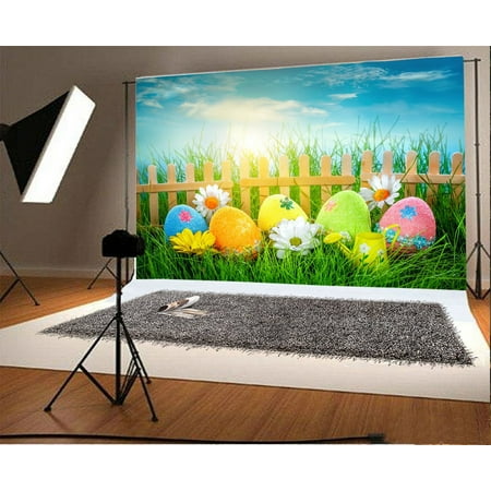 Image of GreenDecor Christian Easter Backdrop 7x5ft Eggs Flowers Watering Can Grass Land Sping Hope Rebirth Bright Sunshine Fence Blue Sky Newborn Baby Theme H