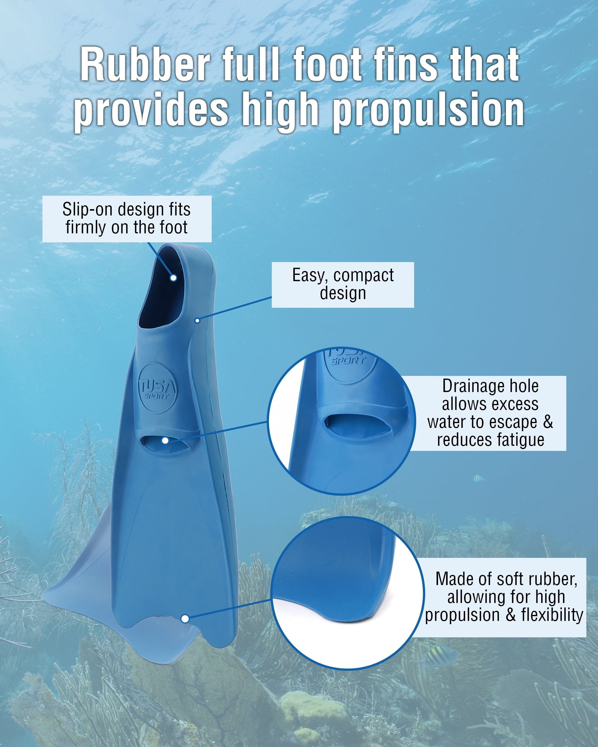 TUSA Sport UF-1202 Full Foot Rubber Snorkeling Fins - Blue S (5-7)
