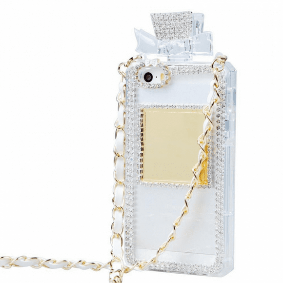 Couverture de Bouteille de Parfum avec Collier Chaîne de Poignet Luxe Bling 3D Paillettes Cristal Diamants Coquille de Strass pour iPhone 13 Pro max Cas