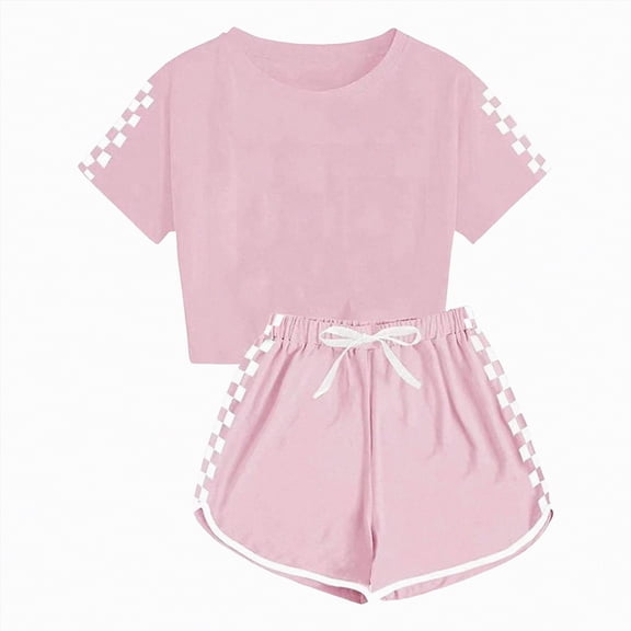Ccpelsie Little/Big Girls 2 Piece Outfits Children Cute Graphic Short Sleeve Tops Set for Kids Summer(Pink,7-8 Years)