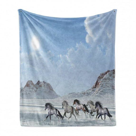 Horses Soft Flannel Fleece Throw Blanket, Herd of Wild Noble Horses Run in the Snows of a Fresh Winter Day Glorious Picture, Cozy Plush for Indoor and Outdoor Use, 50" x 60", Blue White, by Ambesonne