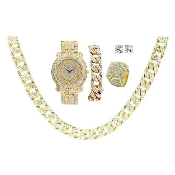 Fully Bling-ed Out Round Luxury Mens Watch w/Bling-ed Out Cuban Chain Bracelet, Cuban Necklace & Ring Size 11- Gold - L0504BN (11)